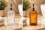 Ribbed Glass Soap Dispenser Bottle Chrome Pump Bathroom Hand Soap Amber or Clear