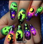 Halloween Press On Nails – Neon Witch, Bat & Black Cat Design – 24pcs Halloween