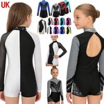 UK Girls Contrast Color Gymnastics Leotards Mesh Long Sleeve Sparkle Dancewear