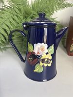 Vintage 1L Enamel Barge Ware Folk Art Canal blue CoffeeWater Jug/Pot HandPainted