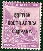 RHODESIA *BSACo* QV SG.63 6d *OVERPRINT PARTIALLY DOUBLED* (1896) Mint BRBLUE59
