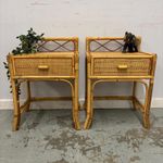 Pair of Vintage Rattan Bedside Tables, Boho Bamboo Nightstands with Drawers