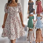 Women Summer Beach Boho Floral Ladies Short Sleeve Midi Stretch Swing Dress SIZE