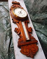 Antique Carved Wooden Aneroid Wall Barometer with Thermometer, 1800–1900