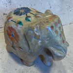 Vintage Hand Carved Stone Elephant Figurine Semi Precious Gemstone Floral Inlay