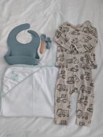 Baby Mixed Items Bundle - Hooded Organic Cotton Blanket, Outfit, Bib, Utensils 