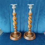 Wooden Oak Barley Twist Candlesticks Pair Candle Holders Metal Tops Vintage x 2