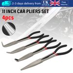 11" Long Reach Pliers Set 4Pcs - Straight & Curved Nose Hose Gripper Mechanic