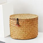 Round Household Organizer Box, Wicker Storage Basket with Lid, Woven Storage Box