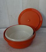 Tupperware 1980s orange Seal N Serve bowl 1346 lid 1337 almond strainer 1335 Set
