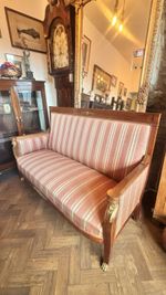 Vintage Egyptian Style Settee, Candy Stripe Upholstery, Carved Gold Embellishmen
