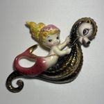 Vintage Lefton Chalkware Mermaid Riding Seahorse Wall Plaque Figurine MCM Whimsy