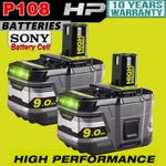 2pc 18V 9.0Ah Lithium Battery For Ryobi P108 Plus RB18L50 RB18L40 P104 P105