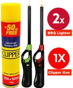 2 BBQ Lighters + Clipper Refillable Butane Gas Long Reach Candle Kitchen Camping