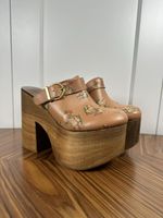 70’s Style Ultra High Floral Leather Wooden Clogs UK 8 EU 41 Vintage Shoes Brown