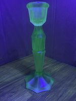Art Deco Uranium Glass Candlestick Holder Green UV Reactive Faceted Stem Vintage