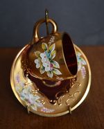 VTG Bohemia Hass Demi-tasse Cup & Saucer Gold & Porcelain Relief Cranberry Glass