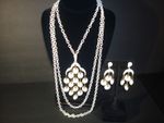 CROWN TRIFARI SET WHITE WATERFALL,CHANDELIER PENDANT NECKLACE&MATCHING EARRINGS