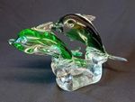 Green Art Glass 'Three Leaping Dolphins' Ornament. 10" Wide. 6" Tall. 1772gm. GC