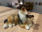 Rough Collie with Puppy Figurine Dog Ornament Ceramic Glazed Small Vintage 