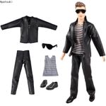 Black Leather Fashion Clothes Outfits For Ken Boy Doll Jacket Vest Pants Shoes