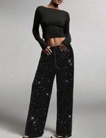 Women’s Black Sequin Stretch Wide-Leg Dress Pants 10 Party Drawstring Elastic