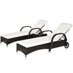Rattan Sun Loungers Garden Set of 2 with Side Table Cushions and Headrest Brown