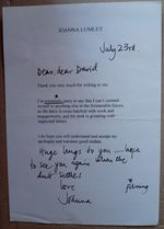 ORIGINAL HAND SIGNED LETTER JOANNA LUMLEY Absolutely Fabulous, New Avengers