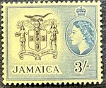 1956 JAMAICA 3-SHILLING STAMP ---  QUEEN ELIZABETH 11.  ---  COAT OF ARMS SERIES