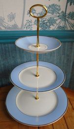 Royal Doulton 3 tier cake stand Baby blue, white & gilt plates by Bruce Oldfield