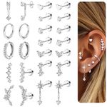 12Pairs Surgical Steel Earrings Flat Back Stud Hoop For Multiple Piercing Women