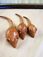 Family of Three Brown Varnished Fair Trade Wooden Hand Carved Garden Mice