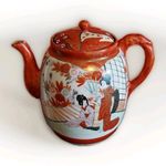 Antique Japanese Kutani Tea Pot & Porcelain Strainer Infuser Rare 19th Century