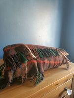 Vintage Wool Tartan Blanket Plaid Throw Fringed Brown Green Check Picnic Rug