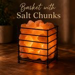 Black Metal Basket Cage with Natural Salt Rocks, Warm Amber Light, Decorative