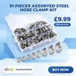 91 pce Assorted  Steel Hose Clamp Kit With No Driver Jubilee Clips Set Pipe