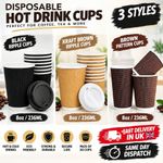 Black Ripple Paper Coffee Cups 8/12oz Disposable Hot & Drink Cups with Lid