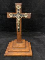 Antique Wooden Crucifix Cross Stand Brass Corpus Catholic Altar