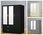 High Gloss 3 Door Wardrobe with Mirror and 2 Drawer Hanging Rail Bedroom Storage