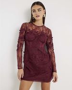 River Island Womens Mini Dress Red Lace Long Sleeve Embellished Round Neck