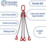 Lifting Chain Sling 4.25 tonne 3mtr x4 leg 8mm with Shortners and Loler cert
