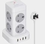 8 Way UK Tower Power Strip 3 USB-A 1 USB-C 13A Switch Childproof White