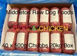Dog Food Frozen BEEF (OX) HEART & CHICKEN MINCE. BARF RAW DIET 40x500g  20kg