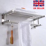 Double Tier Towel Rail Holder Wall Mounted Bathroom Rack Shelf With Hooks Silver