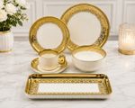 Luxury White Gold Porcelain Dinnerware Set 32Pc Plates Bowls Cups & Tray