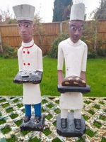Vintage African Wooden Carved Painted Figure Pair Baker Fishmonger Folk Art 32cm