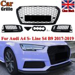 FOR AUDI A4 B9 RS4 STYLE GLOSS BLACK HONEYCOMB FRONT GRILLE W/FOG GRILLE 2017-19