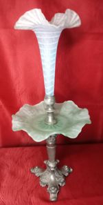 Pewter Based Two Tier Epergne With Vaseline Green Glass Dishes