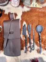 Set of hand-forged, medieval/viking style cutlery with a leather carrying case.