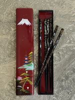 6 Vintage Japanese Chopsticks With Lacquered Box Showing Mount Fuji